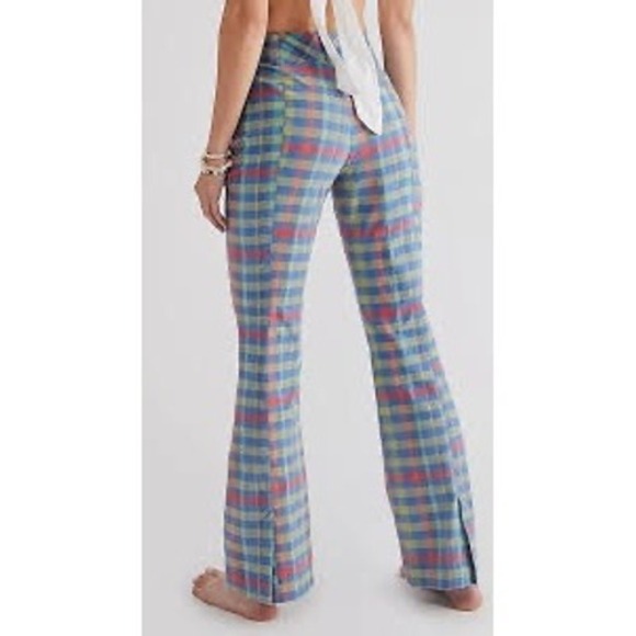 Free People Plaid Pants Size 8 Colorful Checkered High‎ Waisted Flare Pants NWT